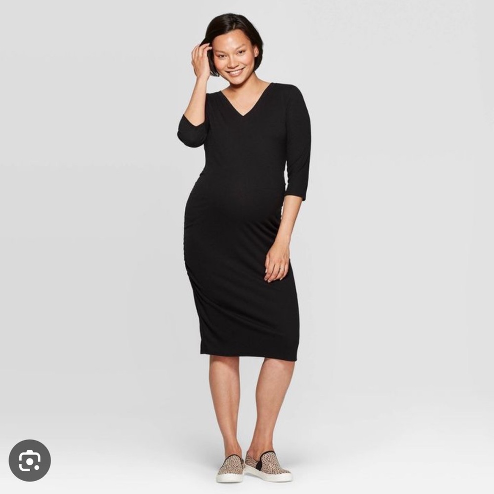 COPY - Black v neck ribbed black 3/4 sleeve maternity dress.